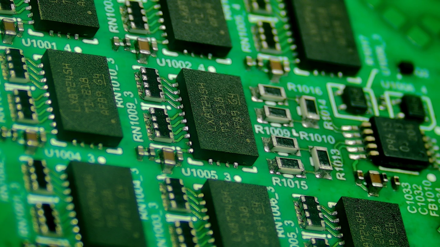 Close-up of a printed circuit board assembled by BSU Electronics