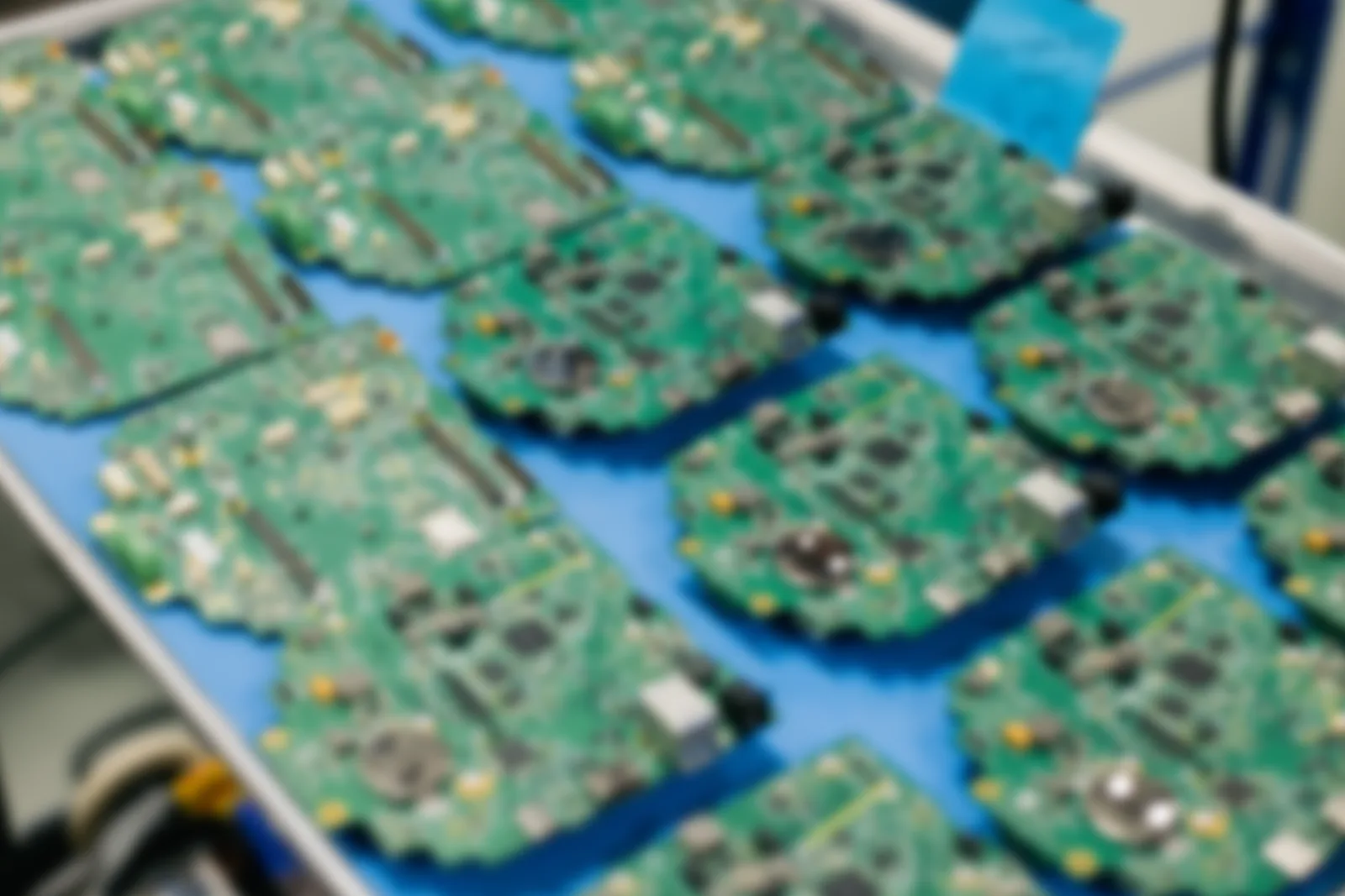 Tray of assembled boards, softly blurred